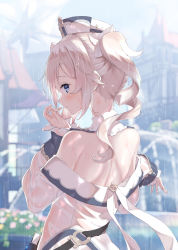 Rule 34 | 1girl, absurdres, back, back focus, barbara (genshin impact), bare shoulders, blonde hair, blue eyes, blurry, blurry background, blush, choker, dress, drill hair, from behind, genshin impact, hand up, hat, highres, long sleeves, looking at viewer, looking back, medium hair, off shoulder, parted lips, rain, see-through, see-through dress, sidelocks, solo, twin drills, twintails, ukiwakisen, upper body, wet, wet clothes, white choker, white dress, white hat