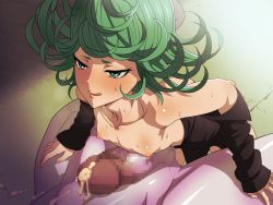 Rule 34 | 1girl, bare shoulders, black dress, blush, breasts, censored, clothed female nude male, cum, cum on body, cum on upper body, don (rg06268), dress, flat chest, green eyes, green hair, highres, ice place, legs, long sleeves, looking up, lying, mosaic censoring, naizuri, naughty face, nipples, no bra, nude, one-punch man, open clothes, paizuri, penis, short hair, simple background, solo focus, sweat, tatsumaki, thighs, tongue