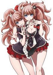 Rule 34 | 2girls, alternate costume, bear hair ornament, black shirt, blonde hair, blouse, blue eyes, blush, bow, bowtie, bra, breasts, buttons, choker, cleavage, danganronpa: trigger happy havoc, danganronpa (series), enoshima junko, eyebrows, fake nails, finger on chin, fingernails, freckles, hair ornament, hand tattoo, hand to own mouth, hands up, highres, hug, ikusaba mukuro, incest, leaning forward, leaning on person, lips, long eyelashes, long hair, looking at viewer, matching hair/eyes, matching outfits, multiple girls, mutual hug, nail polish, necktie, one eye closed, plaid, plaid skirt, rabbit hair ornament, red bow, red nails, red skirt, shirt, siblings, simple background, sisters, skirt, smile, tattoo, teeth, twincest, twins, twintails, underwear, white background, wig, wink, wolf head, yuri
