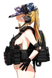 Rule 34 | 1girl, ass, backpack, bad id, bad pixiv id, bag, blonde hair, blue hat, breasts, bulletproof vest, camouflage, character request, copyright request, cowboy shot, digital camouflage, english text, field cap, from side, gloves, hand on own hip, hat, headset, highres, ihobus, magazine (weapon), nude, simple background, solo, tagme, white background