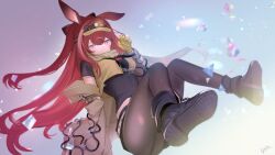Rule 34 | 1girl, absurdres, animal ears, arknights, black footwear, black pantyhose, black shirt, blush, boots, breasts, brown jacket, brown scarf, brown vest, closed mouth, cropped shirt, cropped vest, dot nose, dutch angle, full body, gloves, gradient background, headlamp, highres, jacket, looking at viewer, medium breasts, midriff, off shoulder, one side up, open clothes, open jacket, pantyhose, purple eyes, rabbit ears, rabbit girl, ray (arknights), red hair, scarf, shirt, short sleeves, signature, solo, vest, yellow gloves, yunnasu