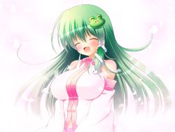 Rule 34 | 1girl, ^ ^, alternate color, bare shoulders, blush, breasts, closed eyes, detached sleeves, expressive clothes, closed eyes, female focus, frog hair ornament, green hair, hair ornament, hair tubes, kochiya sanae, large breasts, long hair, open mouth, osashin (osada), smile, snake hair ornament, solo, touhou
