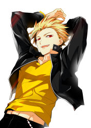 Rule 34 | 1boy, arms behind head, black jacket, blonde hair, fate/prototype, fate (series), gentleman in progress, gilgamesh (fate), gilgamesh (fate/prototype), highres, jacket, long sleeves, male focus, open mouth, red eyes, shirt, solo, teeth, upper body, upper teeth only, upswept hair, white background, yellow shirt