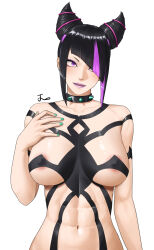 Rule 34 | abs, alternate breast size, areola slip, black hair, breasts, collar, green nails, hair horns, han juri, highres, korean commentary, large breasts, lipstick, makeup, multicolored hair, navel, noorung, pink hair, purple hair, purple lips, short hair, simple background, spiked collar, spikes, streaked hair, street fighter, toned, upper body, white background