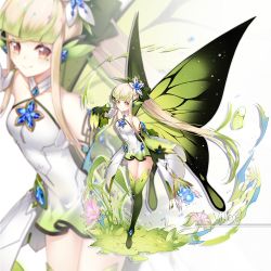 Rule 34 | 1girl, artist name, bare shoulders, blonde hair, bow, brown eyes, detached sleeves, fairy, fairy wings, flower, full body, gloves, grass, green bow, green thighhighs, hair bow, hair flower, hair ornament, holding, holding staff, index finger raised, long hair, original, smile, staff, thighhighs, very long hair, vilor, white gloves, wings, zoom layer