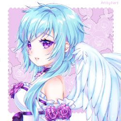 Rule 34 | 1girl, bad id, bad pixiv id, bare shoulders, blue hair, bow, breasts, choker, commission, dress, eyebrows hidden by hair, feathered wings, floral background, flower, long hair, medium breasts, nami (nyaa), original, pink background, purple bow, purple choker, purple eyes, purple flower, purple rose, rose, sidelocks, solo, strapless, strapless dress, two-tone background, white background, white dress, white wings, wings
