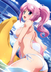 Rule 34 | 1girl, absurdres, ass, ball, banana boat, between legs, bikini, blue eyes, blush, breasts, character request, covered erect nipples, day, dutch angle, fang, hair ornament, hairclip, highres, izumi mahiru, medium breasts, open mouth, outdoors, partially submerged, pink hair, ponytail, side-tie bikini bottom, soaking feet, solo, strap gap, swimsuit, water, water slide, white bikini