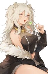 Rule 34 | 1girl, animal ears, bare shoulders, black jacket, breasts, candy, cleavage, commentary request, crop top, fang, food, fur-trimmed jacket, fur trim, gold necklace, grey eyes, grey hair, grey skirt, hair between eyes, highres, holding, holding candy, holding food, hololive, jacket, jewelry, kumono nnn, large breasts, lion ears, lion girl, lollipop, looking at viewer, messy hair, midriff, necklace, off shoulder, open clothes, open jacket, open mouth, pantyhose, see-through, see-through cleavage, shishiro botan, shishiro botan (1st costume), single leg pantyhose, sitting, skin fang, skirt, sleeveless, solo, torn clothes, torn pantyhose, two side up, virtual youtuber