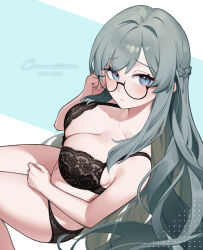 1girl absurdres black-framed_eyewear black_bra black_panties blue_eyes borrowed_character bra braid breasts cleavage commentary english_commentary from_above from_side glasses green_hair highres large_breasts long_hair navel original panties semi-rimless_eyewear svet_yomi thighs under-rim_eyewear underwear underwear_only variant_set