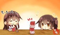 Rule 34 | 2girls, :&gt;, akagi (kancolle), brown eyes, brown hair, candy, commentary request, dice, eating, closed eyes, food, kaga (kancolle), kantai collection, long hair, multiple girls, nontraditional miko, side ponytail, smile, stack, table, taisa (kari), tasuki, upper body, yellow background