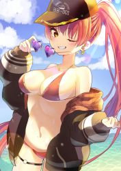 Rule 34 | 1girl, absurdres, bad id, bad pixiv id, baseball cap, bikini, black hat, black jacket, blue sky, blush, breasts, cleavage, cloud, cloudy sky, commentary, cowboy shot, day, earrings, eyelashes, fang, glint, grin, hair between eyes, half updo, hat, heart, heart-shaped eyewear, heart earrings, heart necklace, highres, holding, holding removed eyewear, hololive, houshou marine, houshou marine (summer), jacket, jewelry, lens flare, light rays, long hair, long sleeves, looking at viewer, medium breasts, navel, necklace, o-ring, o-ring legwear, o-ring thigh strap, ocean, off shoulder, official alternate costume, one eye closed, open clothes, open jacket, outdoors, plaid, plaid jacket, ponytail, puffy sleeves, red bikini, red hair, sky, smile, solo, stomach, string bikini, sunglasses, sunlight, swimsuit, thigh strap, two-sided fabric, two-sided jacket, unworn eyewear, virtual youtuber, yellow eyes, yoshioka pochi