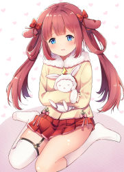 Rule 34 | 1girl, animal ears, azur lane, bad id, bad pixiv id, beige coat, blue eyes, blush, bow, brown hair, coat, commentary request, hugging doll, flat chest, full body, fur-trimmed coat, fur-trimmed hood, fur-trimmed sleeves, fur trim, garter straps, hair bow, hair rings, heart, heart background, holding, holding stuffed toy, hood, kiyonami (azur lane), kneehighs, lightning bolt symbol, long hair, long sleeves, looking at viewer, mechiko (mmttkknn), no shoes, hugging object, parted lips, pink ribbon, pleated skirt, rabbit ears, red bow, red skirt, ribbon, sidelocks, single garter strap, single kneehigh, single sock, single thighhigh, sitting, skirt, socks, solo focus, stuffed animal, stuffed rabbit, stuffed toy, thighhighs, twintails, wariza, white background, white socks