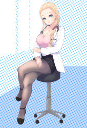Rule 34 | 1girl, absurdres, black footwear, black ribbon, black skirt, breasts, brown pantyhose, cleavage, closed mouth, collarbone, doctor, forehead, full body, green eyes, gucchiann, hair over shoulder, hair ribbon, head tilt, highres, indie virtual youtuber, jacket, light brown hair, long hair, long sleeves, looking at viewer, medium breasts, mole, mole on breast, nakishaku yogaru, open clothes, open jacket, pantyhose, pencil skirt, pink sweater, polka dot, polka dot background, ribbed sweater, ribbon, shoes, sitting, skirt, smile, solo, stethoscope, stool, sweater, virtual youtuber, white jacket