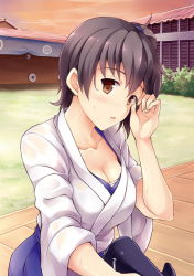 Rule 34 | 10s, 1girl, breasts, brown eyes, brown hair, cleavage, japanese clothes, kaga (kancolle), kantai collection, muneate, personification, sakimiya (inschool), short hair, side ponytail, solo, sweat
