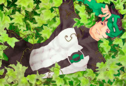 Rule 34 | 1boy, abs, black hair, bodysuit, dc comics, domino mask, fingerless gloves, gloves, green gloves, green lantern, green lantern (series), ivy, kyle rayner, looking at viewer, lying, male focus, mask, on back, plant, smile, solo, tight clothes