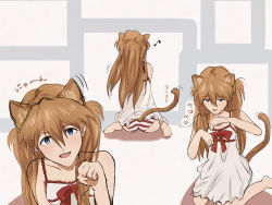 Rule 34 | 1girl, :3, animal ears, artist request, ass, bare legs, barefoot, blue eyes, breasts, brown hair, cat ears, cat tail, highres, long hair, looking at viewer, multiple views, musical note, naughty face, neon genesis evangelion, panties, pink background, short hair, smile, solo, souryuu asuka langley, striped clothes, striped panties, tail, translation request, underwear