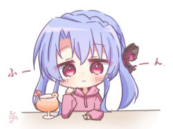 Rule 34 | 1girl, :&lt;, alternate costume, black bow, blue hair, blush, bow, casual, chibi, closed mouth, cocktail glass, commentary, cup, drink, drinking glass, hair bow, hand up, highres, hood, hood down, hoodie, long hair, looking at viewer, pink hoodie, red eyes, sidelocks, signature, simple background, solo, sorakado ao, sound effects, summer pockets, thinking, upper body, utuigawa, white background