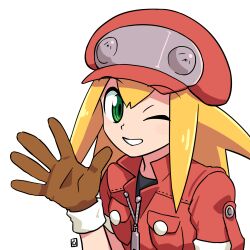 Rule 34 | 1girl, black shirt, blonde hair, brown gloves, cabbie hat, commentary request, gloves, green eyes, grin, hand up, hat, highres, jacket, looking at viewer, mega man (series), mega man legends (series), muu (mumumer), one eye closed, red hat, red jacket, roll caskett (mega man), shirt, short sleeves, simple background, smile, solo, upper body, white background