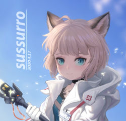 Rule 34 | 1girl, animal ears, arknights, blue background, character name, cloak, coat, commentary request, cross, highres, holding, holding staff, hood, hooded cloak, karoro, looking at viewer, material growth, medic, oripathy lesion (arknights), red cross, solo, staff, sussurro (arknights), white coat