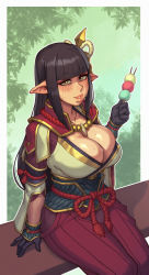Rule 34 | 1girl, absurdres, black gloves, black hair, blunt bangs, blush, breasts, capcom, cleavage, collarbone, dango, fewer digits, food, gloves, hair ornament, highres, hinoa, japanese clothes, large breasts, lips, lipstick, long hair, looking at viewer, makeup, monster hunter (series), monster hunter rise, pointy ears, riz, sitting, solo, sweat, wagashi, yellow eyes