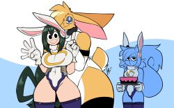 Rule 34 | 0r0, 1boy, 2girls, :&gt;, absurdres, androgynous, animal ears, artist request, asui tsuyu, birthday, boku no hero academia, breasts, cake, character request, cosplay, crossdressing, curvy, fake animal ears, food, frog girl, furry, furry female, furry male, gloves, grabbing, grabbing from behind, green hair, highleg, highleg leotard, highres, kiss, large breasts, leotard, long hair, mirko (cosplay), multiple girls, original, plump, rabbit ears, small breasts, squirrel girl, thick thighs, thighhighs, thighs, trap, very long hair, white background, white leotard, wide hips