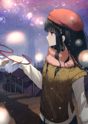 Rule 34 | 1girl, absurdres, bad id, bad pixiv id, beret, black hair, commentary request, from side, hat, hidulume, highres, holding hands, inoue takina, long hair, long sleeves, lycoris recoil, purple eyes, red headwear, ribbed sweater, scarf, shirt, solo focus, sweater, tears, white shirt