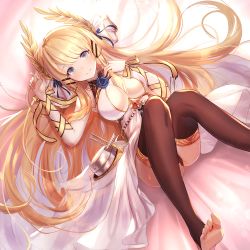 Rule 34 | 1girl, armpits, azur lane, barefoot, black panties, black thighhighs, blonde hair, blue eyes, blue flower, blue rose, blush, breasts, chain, cleavage, closed mouth, commentary request, dolce (dolsuke), dress, feet, fingernails, floating hair, flower, hair between breasts, hair ribbon, hands up, invisible chair, jewelry, large breasts, laurel crown, long hair, no shoes, panties, pantyshot, playing with own hair, ribbon, rigging, rose, sitting, sleeveless, sleeveless dress, smile, soles, solo, stirrup legwear, thighhighs, toeless legwear, toes, turret, underwear, veil, very long hair, victorious (azur lane), wrist ribbon