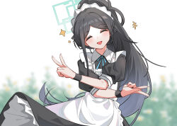 Rule 34 | 1girl, ^ ^, absurdres, alternate costume, apron, aris (blue archive), aris (maid) (blue archive), black hair, blue archive, blue ribbon, blurry, blurry background, blush, closed eyes, dress, enmaided, haixingren, highres, long hair, looking at viewer, maid, maid apron, maid headdress, neck ribbon, ponytail, puffy short sleeves, puffy sleeves, ribbon, short sleeves, smile, solo, v, very long hair, white apron