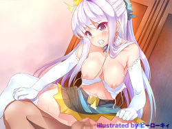Rule 34 | 1boy, 1girl, ^^^, artist name, bare shoulders, blush, bra, bra pull, breasts, censored, clenched teeth, clothes pull, drooling, elbow gloves, girl on top, gloves, hetero, kii (theory), midriff, mosaic censoring, navel, nipples, original, penis, purple eyes, purple hair, saliva, sex, sweat, teeth, thighhighs, underwear, white gloves, white thighhighs