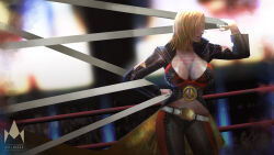 Rule 34 | 1girl, axel massa, axouel2009, belt, blonde hair, breasts, cleavage, dead or alive, dead or alive 6, highres, large breasts, long sleeves, medium hair, pants, tina armstrong, watermark, wrestling outfit