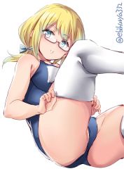 Rule 34 | 1girl, adjusting clothes, adjusting legwear, ahoge, blonde hair, blue eyes, blush, breasts, cowboy shot, ebifurya, feet out of frame, glasses, hair between eyes, hat, highres, i-8 (kancolle), kantai collection, large breasts, looking at viewer, low twintails, name tag, no headwear, no headwear, one-hour drawing challenge, one-piece swimsuit, peaked cap, school swimsuit, semi-rimless eyewear, simple background, sitting, solo, swimsuit, thighhighs, twintails, twitter username, under-rim eyewear, white background, white thighhighs