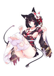 Rule 34 | 1girl, ajo (rolan666), animal ears, ass, azur lane, black hair, blush, breasts, cat ears, clenched hands, collarbone, fang, feet, floral print, fox mask, full body, furisode, highres, japanese clothes, kimono, kimono skirt, large breasts, looking at viewer, mask, no shoes, obi, open mouth, panties, paw pose, pink eyes, sash, short hair, simple background, sitting, soles, solo, thighhighs, toes, torn clothes, torn kimono, torn thighhighs, underwear, white background, white panties, white thighhighs, yamashiro (azur lane)