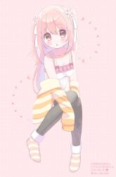 Rule 34 | 1girl, black thighhighs, blush stickers, character name, collarbone, frilled straps, indie virtual youtuber, kohanai momomi, long hair, looking at viewer, open mouth, pink background, pink eyes, pink hair, shirt, socks, solo, striped clothes, striped socks, thighhighs, twintails, uxu uxa axa, virtual youtuber, white shirt