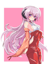Rule 34 | 1girl, 3105lave, bare shoulders, blush, border, breasts, commentary request, cowboy shot, detached sleeves, hair between eyes, hakama, hanyuu, highres, higurashi no naku koro ni, hip vent, horns, japanese clothes, light purple hair, long hair, long sleeves, looking at viewer, medium breasts, miko, outside border, pink background, purple eyes, purple hair, red hakama, ribbon, ribbon-trimmed sleeves, ribbon trim, sideboob, simple background, solo, standing, white border, wide sleeves
