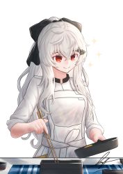 Rule 34 | 1girl, alternate costume, apron, artist name, black ribbon, breasts, closed mouth, frying pan, girls&#039; frontline, hair ornament, hair ribbon, hairclip, highres, holding, holding frying pan, holding stick, iws 2000 (girls&#039; frontline), kitchen, long hair, looking at viewer, looking down, ponytail, red eyes, ribbon, shirt, sleeves rolled up, smile, solo, stick, unitaka, upper body, white apron, white background, white hair, white shirt