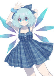 Rule 34 | 1girl, absurdres, alternate costume, arm behind head, armpits, arms up, blue bow, blue dress, blue eyes, blue hair, bow, cirno, closed mouth, dress, hair bow, highres, ice, ice wings, looking at viewer, one-hour drawing challenge, plaid, plaid bow, plaid dress, shocho (shaojiujiu), short hair, simple background, sleeveless, sleeveless dress, smile, solo, standing, sundress, touhou, white background, wings