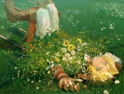 Rule 34 | 1boy, absurdres, arm behind head, arm pillow, blonde hair, blue eyes, boots, brown footwear, brown gloves, day, feet out of frame, field, fingerless gloves, flower, flower field, gloves, grass, green tunic, highres, knee boots, knees together feet apart, link, looking at viewer, lying, male focus, meadow, nature, nintendo, octahooves, on back, on chair, on ground, outdoors, pants, parted lips, pointy ears, short hair, solo, the legend of zelda, the legend of zelda: ocarina of time, white flower, white pants, yellow flower