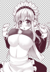 Rule 34 | 1girl, apron, bikini, blush, bouncing breasts, breasts, cleavage, covered erect nipples, headphones, kouki kuu, large breasts, long hair, looking at viewer, maid apron, maid headdress, monochrome, nitroplus, open mouth, sepia, skindentation, solo, super sonico, swimsuit