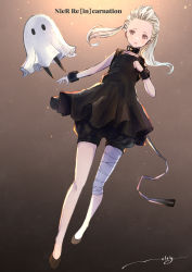 Rule 34 | 1girl, absurdres, bandaged leg, bandages, bangs pinned back, bare shoulders, black collar, black dress, bloomers, collar, cuffs, dress, fio (nier), full body, grey eyes, highres, long hair, looking at viewer, mama (nier), melty (corolla), nier (series), nier reincarnation, open mouth, simple background, sleeveless, sleeveless dress, twintails, underwear