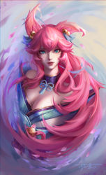 Rule 34 | 1girl, absurdres, ahri (league of legends), animal ear fluff, animal ears, bare shoulders, bell, breasts, cleavage, facial mark, fox ears, fox girl, green kimono, hair bell, hair ornament, highres, japanese clothes, kimono, large breasts, league of legends, long hair, looking at viewer, petals, pink hair, ribbon, signature, smile, solo, spirit blossom (league of legends), spirit blossom ahri, wang bu chou, whisker markings