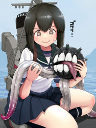 Rule 34 | 1girl, black hair, blue sailor collar, blue skirt, blue sky, braid, brown eyes, commentary request, day, enemy naval mine (kancolle), facing viewer, full body, funnel, hair between eyes, highres, isonami (kancolle), kantai collection, long hair, machinery, mountain, ocean, outdoors, pleated skirt, sailor collar, school uniform, serafuku, sidelocks, skirt, sky, smokestack, teeth, tentacles, tussy, water, wavy mouth