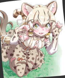 Rule 34 | 1girl, absurdres, animal ears, bow, bowtie, cat ears, cat girl, cat tail, extra ears, geoffroy&#039;s cat (kemono friends), green eyes, grey hair, highres, kemono friends, kemono friends v project, long hair, looking at viewer, lowlandgorilla, outdoors, ribbon, shirt, skirt, solo, suspenders, tail, thighhighs, twintails, virtual youtuber