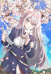 Rule 34 | 1girl, 86 -eightysix-, absurdres, antenna hair, belt, bird, blue eyes, blue jacket, blush, breasts, cherry blossoms, closed mouth, cloud, commentary, cowboy shot, cropped jacket, day, flower, food, fruit, hair between eyes, high-waist skirt, high collar, highres, holding, holding flower, holding paper, humany, jacket, leaning forward, long hair, long sleeves, looking at viewer, medium breasts, military, military uniform, o-ring, o-ring belt, outdoors, paper, peach, petals, sidelocks, signature, silver hair, skirt, smile, solo, uniform, very long hair, vladilena millize