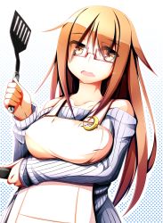 Rule 34 | 10s, 1girl, :o, aged up, alternate breast size, apron, bare shoulders, blush, breast hold, breasts, brown eyes, brown hair, collarbone, crescent, crescent pin, eyebrows, eyes visible through hair, fuuki (nicoseiga), fuuki (te fuukin), glasses, gradient hair, halftone, halftone background, highres, holding, kantai collection, large breasts, long hair, long sleeves, looking at viewer, matching hair/eyes, mature female, mochizuki (kancolle), multicolored hair, off shoulder, open mouth, orange eyes, orange hair, outline, parted bangs, red-framed eyewear, ribbed sweater, semi-rimless eyewear, sidelocks, solo, spatula, sweater, under-rim eyewear, upper body, very long hair, white apron