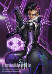 Rule 34 | 1girl, artist name, asymmetrical hair, black hair, breasts, cowboy shot, dantewontdie, dark-skinned female, dark skin, earrings, emblem, eyeliner, eyeshadow, fingernails, from side, gloves, gun, high collar, holding, holding gun, holding weapon, jewelry, leg up, lips, lipstick, long fingernails, long hair, looking at viewer, looking to the side, makeup, mole, mole under eye, multicolored hair, nail polish, nose, overwatch, overwatch 1, parted lips, purple background, purple eyes, purple hair, purple lips, purple nails, realistic, signature, small breasts, smile, solo, sombra (overwatch), submachine gun, trigger discipline, two-tone hair, watermark, weapon, web address