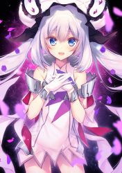 Rule 34 | 1girl, :d, blue eyes, cowboy shot, dress, fate/grand order, fate (series), flower, gloves, hair flower, hair ornament, hands on own chest, highres, long hair, looking at viewer, marie antoinette (fate), marie antoinette (third ascension) (fate), open mouth, petals, purple background, purple flower, purple rose, rose, short dress, smile, solo, standing, twintails, white dress, white gloves, white hair, white headwear, ytuorvi