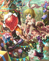 Rule 34 | 2girls, :d, absurdres, alternate costume, aqua eyes, aqua hair, armlet, balloon, bare shoulders, belt, blonde hair, bodice, boots, bow, box, buckle, building, chain, cityscape, clock, clock tower, confetti, cream, cross-laced clothes, cross-laced footwear, detached collar, dress, floating hair, flying, food, fork, frilled dress, frills, fruit, gauge, gift, gift box, hair ornament, hair ribbon, hairclip, hatsune miku, high heel boots, high heels, highres, holding, holding fork, kagamine rin, legs apart, long hair, looking at viewer, multiple girls, open mouth, outdoors, oversized object, pantyhose, pennant, pouch, purple legwear, ribbon, scenery, short hair, sky, sleeveless, sleeveless dress, smile, spoon, steampunk, strawberry, streamers, string of flags, striped clothes, striped legwear, striped pantyhose, suishougensou, tower, twintails, vertical-striped clothes, vertical-striped legwear, vertical-striped pantyhose, vocaloid, wrist cuffs
