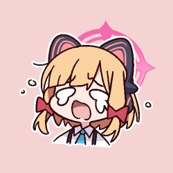 Rule 34 | 1girl, animal ear headphones, animal ears, blonde hair, blue archive, blue necktie, bow, collared shirt, crying, crying with eyes open, fake animal ears, hair bow, halo, headphones, lowres, momoi (blue archive), nako775, necktie, open mouth, pink background, pink halo, red bow, shirt, short hair, simple background, solo, tears, white shirt