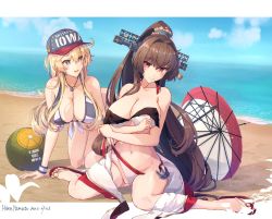 Rule 34 | 2girls, all fours, anchor necklace, ball, beach, beachball, bikini, bikini tug, blonde hair, blue eyes, breasts, brown hair, cleavage, closed mouth, collarbone, crossed arms, embarrassed, flower, hair between eyes, hair flower, hair ornament, halterneck, highres, himeyamato, iowa (kancolle), jewelry, kantai collection, large breasts, long hair, looking at another, looking at viewer, multiple girls, navel, necklace, ocean, ponytail, sandals, sidelocks, smile, star-shaped pupils, star (symbol), swimsuit, symbol-shaped pupils, umbrella, untied bikini, wristband, yamato (kancolle)