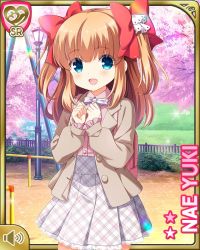 Rule 34 | 1girl, :d, blue eyes, bow, brown hair, brown jacket, character name, cherry blossoms, day, dress, girlfriend (kari), grey dress, hair bow, jacket, long hair, official art, open mouth, outdoors, pink legwear, pink shirt, playground, qp:flapper, red bow, ribbon, shirt, smile, solo, standing, two side up, yuuki nae